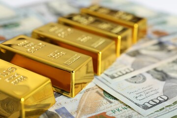 Shiny gold bars on dollar banknotes, closeup. Space for text