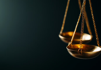 Golden balance scales of justice symbolizing fairness, law, and ethical decision-making against a dark background