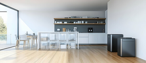 Modern Minimalist Bright Open Plan Kitchen Interior Design With White Cabinets and Island Gray Shelves Wood Floor and Natural Light From Large Window