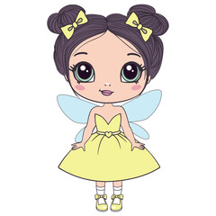 Hand drawn beautiful cute little fairy girl with wings and flowers. Vector illustration.