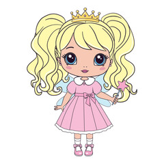 Hand drawn beautiful cute little fairy girl with wings and flowers. Vector illustration.
