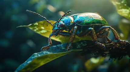 Fototapeta premium Close-up portrait of a vibrant green and blue beetle perched on a leaf