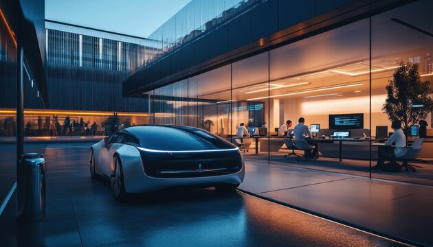 Autonomous electric car parking near office building with programmers working late at night