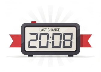 Summer sale promotion with special deals and discount. Digital clock displaying time with a red ribbon and text "LAST CHANGE" highlighted.