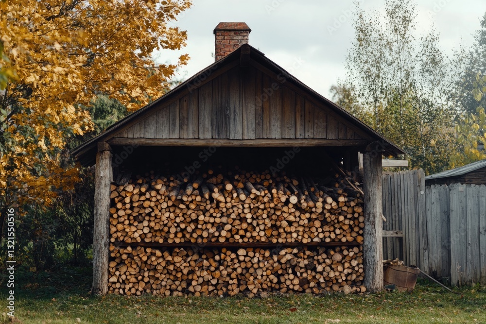 Poster a wooden structure sitting in front of a building, possibly for storage or construction purposes