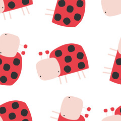 Vector seamless pattern with cute red ladybugs on white background. Insects. Perfect for kids' wallpaper, fabric, wrapping paper, and nursery decor. © ZHUKO