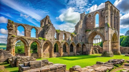 Fototapeta premium Partial view of Abbey of Beauport ruins on sunny day with blue sky , stone walls, ruined abbey, stone walls