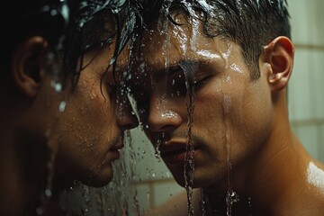 Tender Moment Between Two Adult Gay Men in Bathroom Capturing Love and Affection