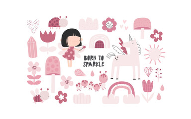 Vector illustration of cute fairy girl with wings with magic wand, unicorn, flowers, mushrooms, rainbow, clouds, sun, hearts, ladybug, bee, caterpillar. Cute delicate pink girly set. Little princess.