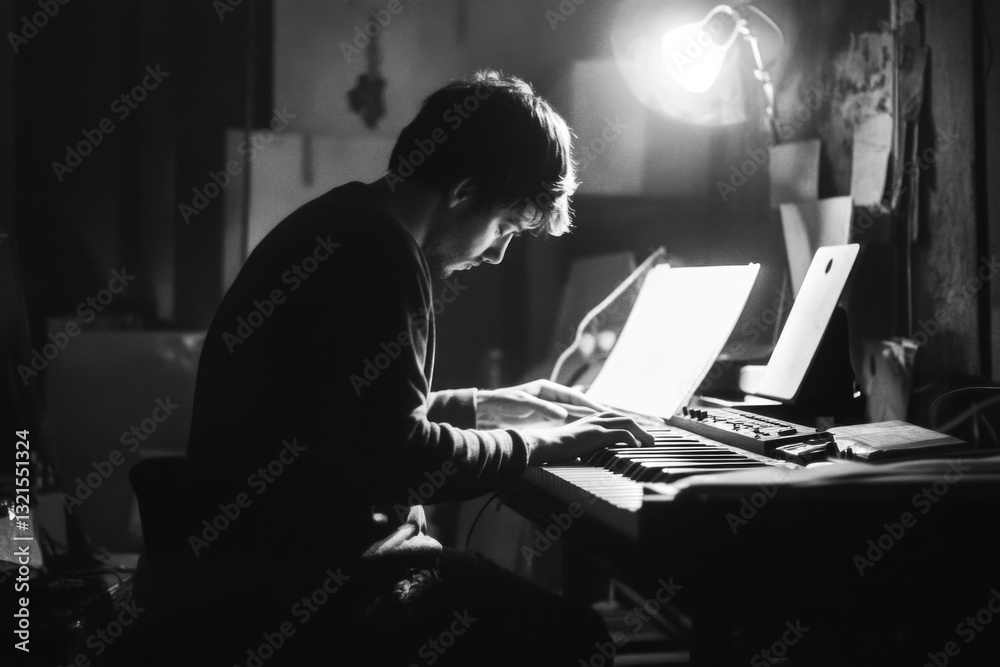 Poster a person sitting at a desk with a laptop open, possibly working or browsing
