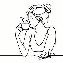 Minimalist one-line drawing of a woman holding a cup of tea
