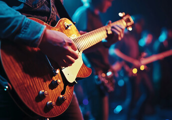 Obraz premium Guitarist performing on stage under colorful lights, playing an electric guitar at a live concert event