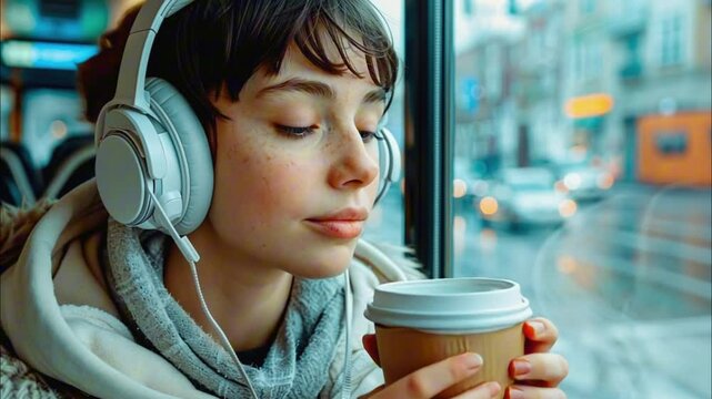 Student with short haircut rides bus and enjoys coffee and music on her headphones.