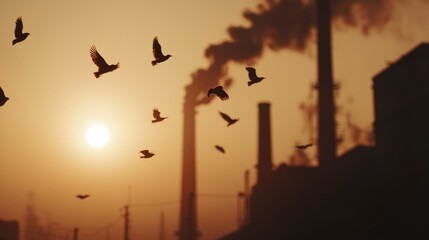 Industrial pollution, birds flying