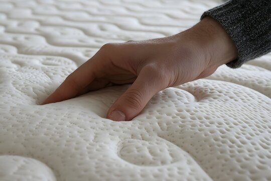 a hand touching a mattress, assessing its softness.