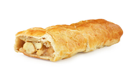 Delicious strudel with apples and powdered sugar isolated on white