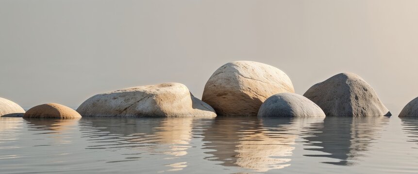 A peaceful dance of reflections and textures unfolds as rocks and water harmoniously coexist on serene riverbank or shore.