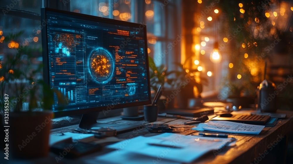 Poster A workstation displays intricate quantum computing graphics showcasing qubits, superposition, and entanglement. The soft glow from lights enhances a focused environment filled with plants and papers.