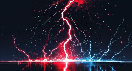 Abstract red cyan lightning sparks anime on plain dark black background illustration