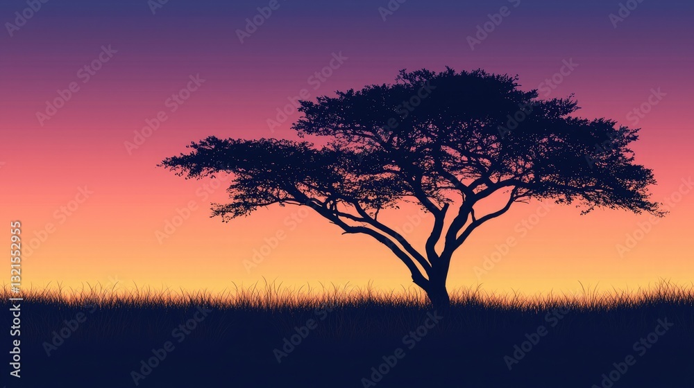 Poster A tree silhouette with spreading branches, set against a gradient twilight sky. 