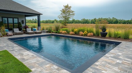 Backyard rectangular pool, tranquil landscape, summer