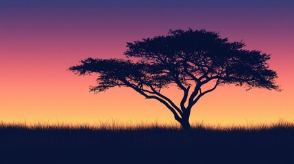 A tree silhouette with spreading branches, set against a gradient twilight sky. 