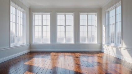 Fototapeta premium Sunlit Room Featuring Large Triple Windows and Hardwood Floor