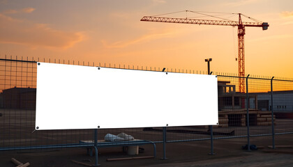 Obraz premium Blank white banner for advertisement on the fence of construction site, silhouette. White tone