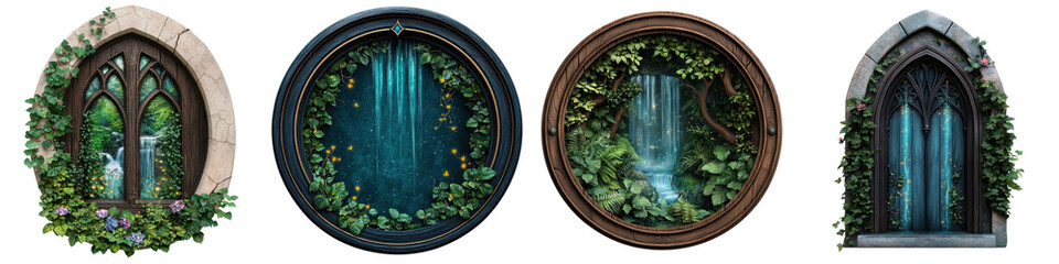 Obraz premium Enchanting Otherworldly Landscape with Mystical Water Features and Lush Foliage in a Fairytale like Setting A mysterious and serene scene featuring a hidden waterfall enchanted forest
