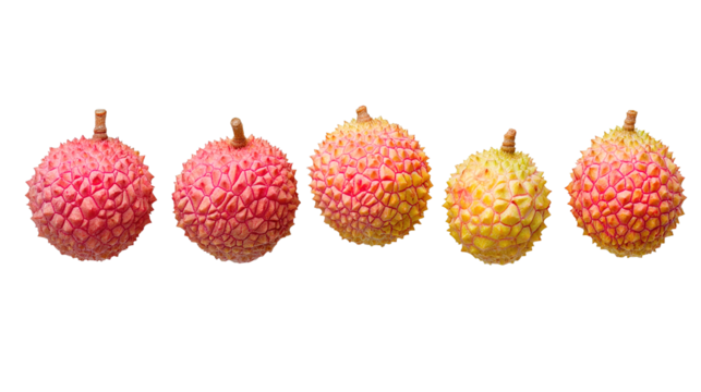 Vibrant group of five lychees arranged aesthetically natural setting close-up view conceptual fruit display