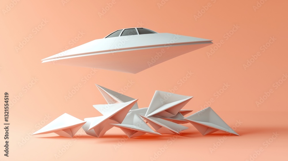 Wall mural 3d icon of a futuristic spaceship floating over a pile of paper airplanes on a soft orange backgroun