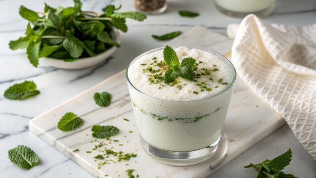 Close-up of frothy ayran with chopped mint on white marble countertop