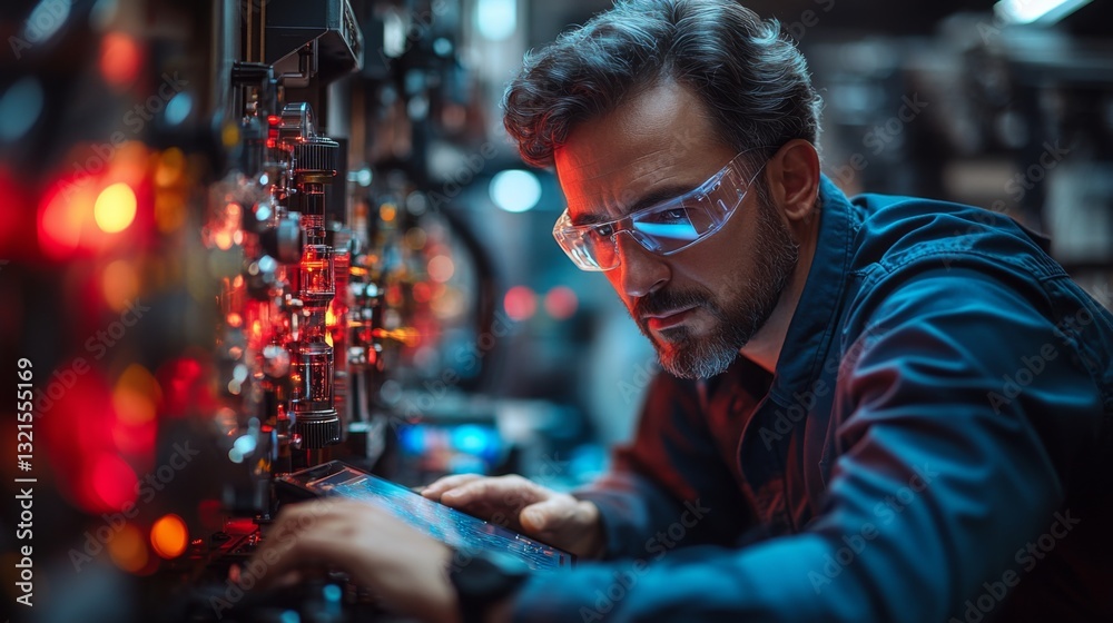 Poster a researcher wearing safety goggles adjusts equipment related to quantum mechanics, focusing on qubi