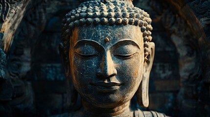 Serene Stone Buddha Face Meditating in Calm Contemplation and Wisdom