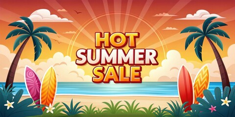 Summer sale promotion with special deals and discount. Vibrant summer sale graphic with surfboards against a beach sunset backdrop.