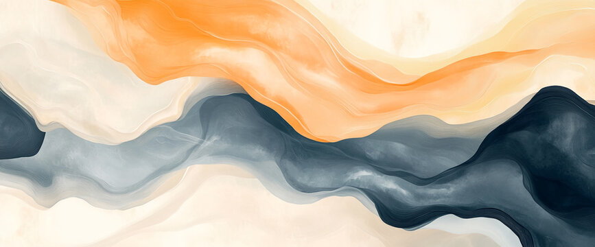 Abstract art depicting flowing, wavy forms in shades of beige, orange, and gray.  Suggests a serene landscape or fluid motion, ideal for minimalist design