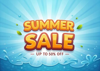 Summer sale promotion with special deals and discount. Colorful summer sale graphic featuring bold text and a water theme.