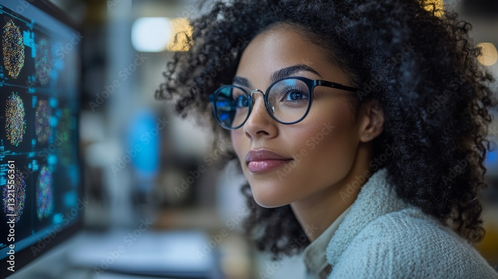 Poster A woman with curly hair and glasses examines data displayed on a computer screen in a contemporary research lab, engaging with topics like quantum computing and neural networks in real-time.