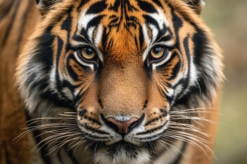 Fototapeta premium Intense close-up of a tiger with striking eyes and detailed fur, captured in a natural setting during daylight