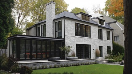 Fototapeta premium Striking contemporary home showcasing white stucco walls and modern architectural design surrounded by lush greenery