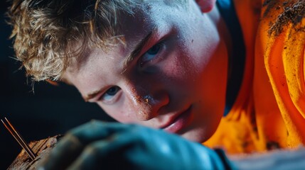 Obraz premium A young carpenter carefully hammering nails into a wooden project, their focus and skill shining through.