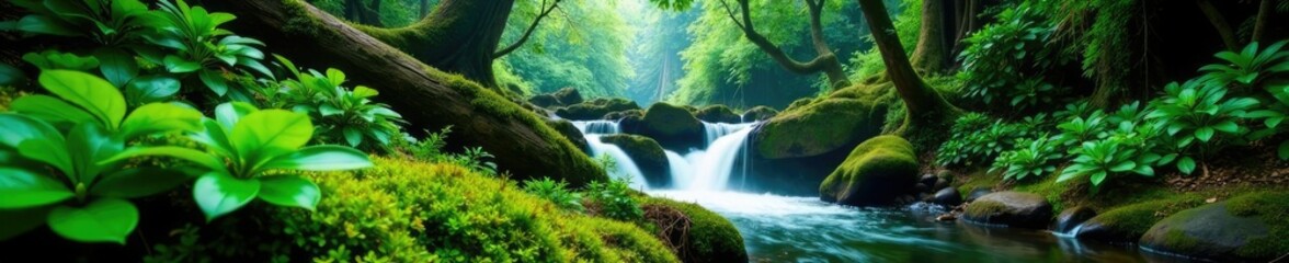 Fototapeta premium Forest floor covered in moss and ferns beneath waterfalls, landscape, jungle
