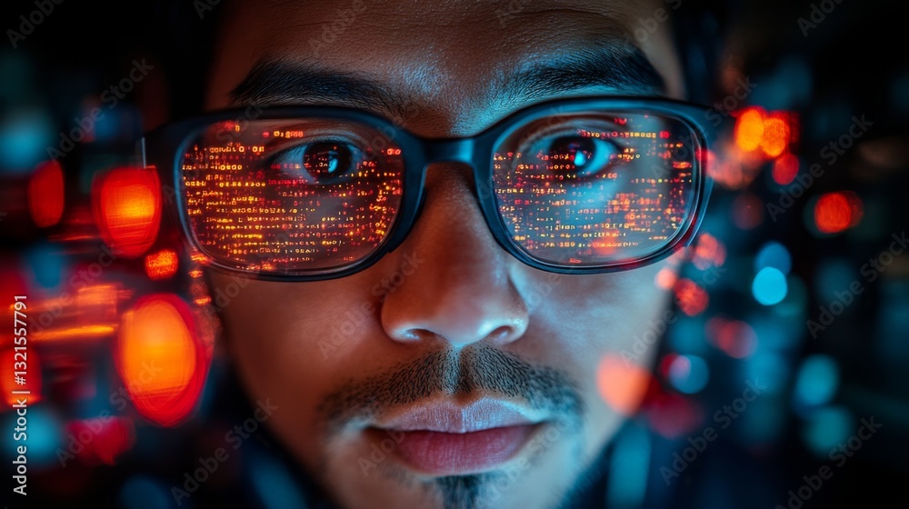 Fototapete A person studies quantum computing concepts through glasses that display intricate patterns of data.