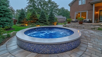 Backyard round hot tub, illuminated, stone patio