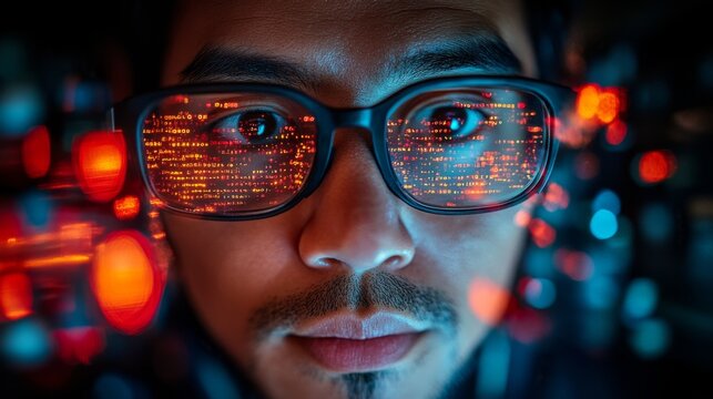 A person studies quantum computing concepts through glasses that display intricate patterns of data.