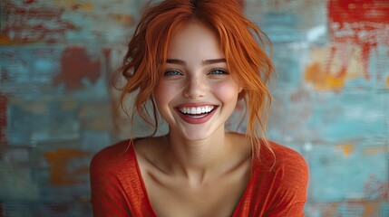 Naklejka premium A young woman with long, wavy auburn hair smiles broadly while winking playfully.