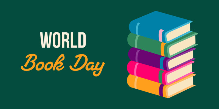 A stack of books with the words World Book Day written on it. Concept of celebrating the importance of reading and learning