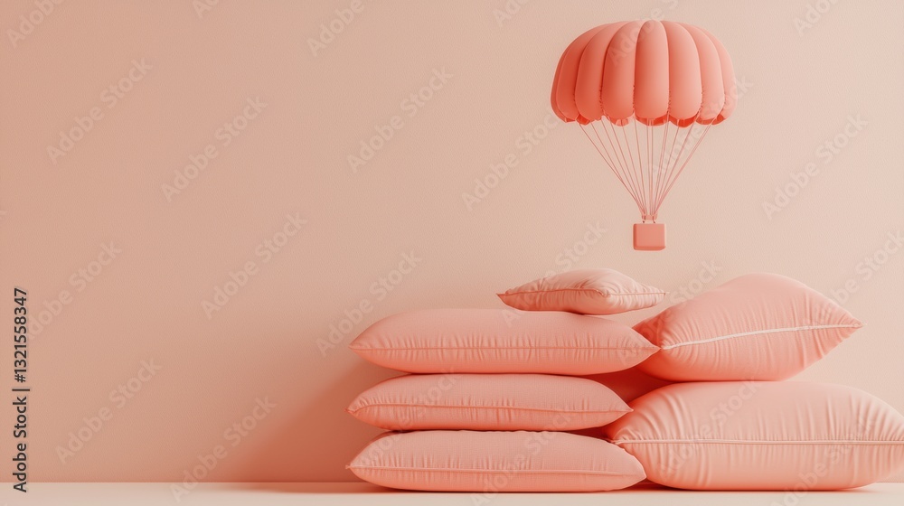 Wall mural 3d icon of a parachute floating above a soft pile of pillows in a minimalist room setting