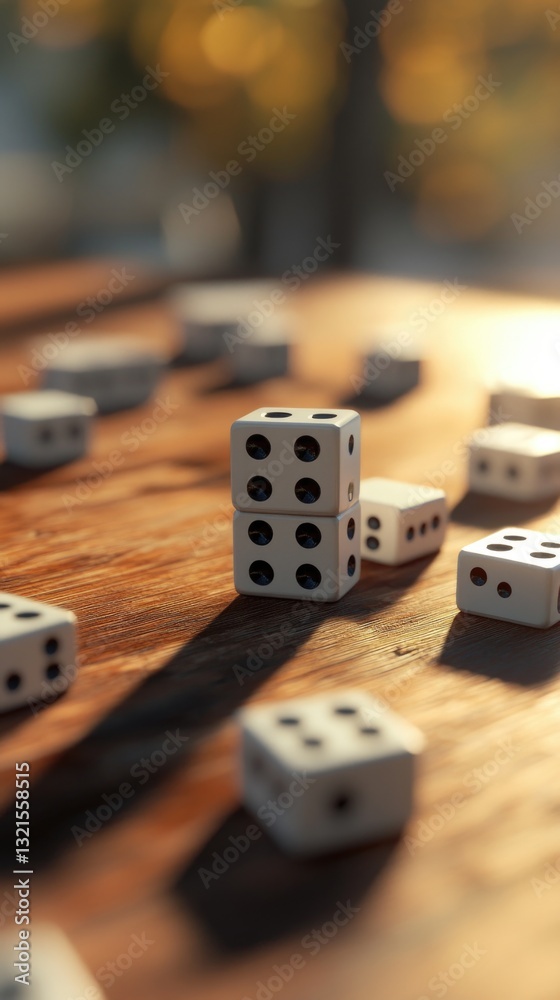 Poster close-up of dices on a wooden table, perfect for game-themed images and projects