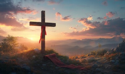 Wooden Cross on Hill at Sunset with Red Cloth and Mountains